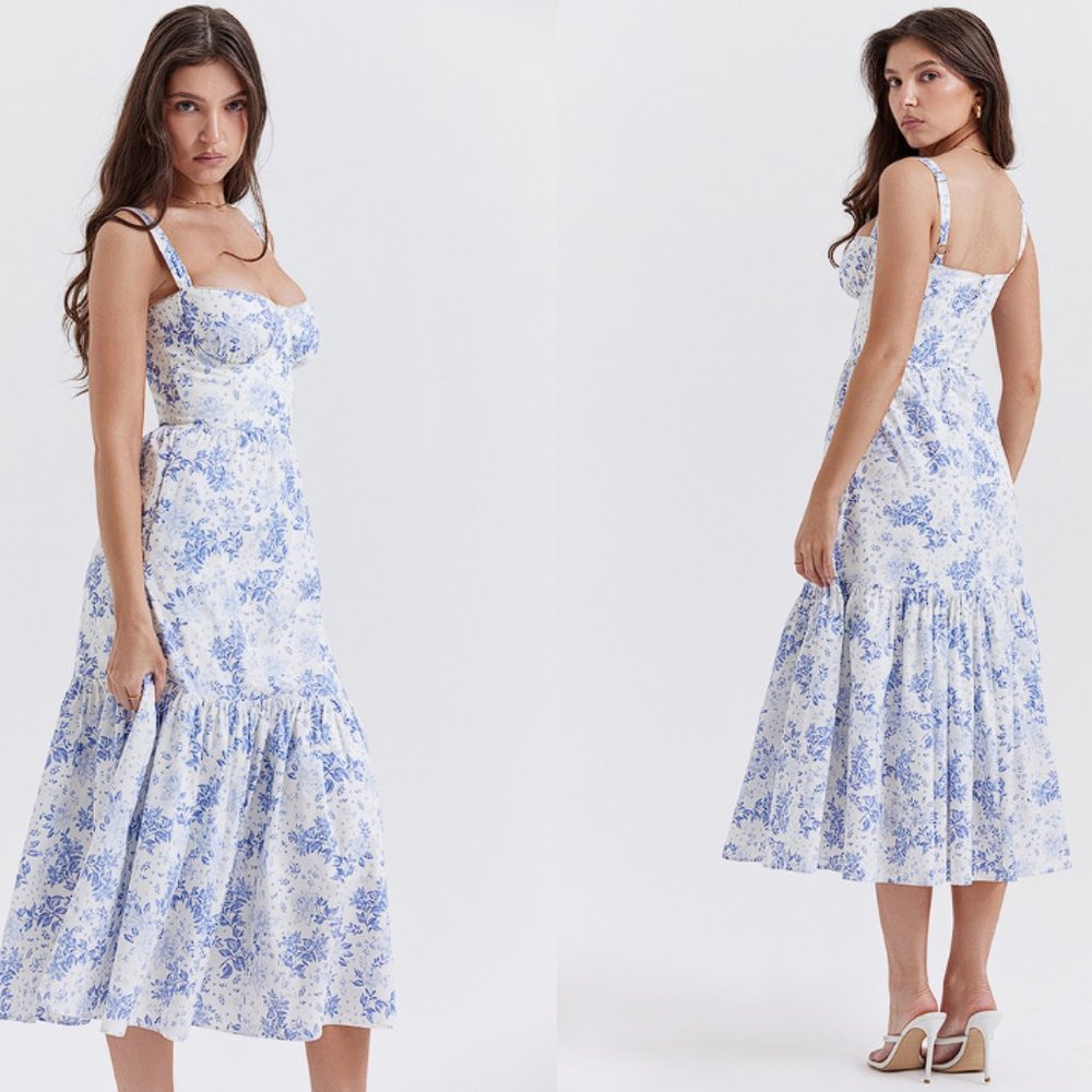 HOUSE OF CB 'Elia' Blue Print Midi Sundress NWOT - Picture 3 of 11